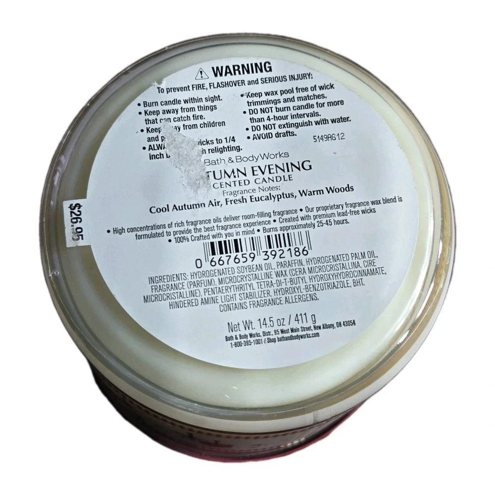 NEW Bath & Body Works Candle Autumn Evening 3 Wick 25-45 hours 14oz Soy Wax - Picture 4 of 6